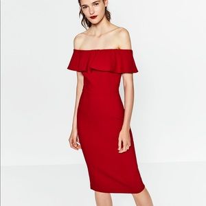 Zara Off the shoulder elegant red midi dress